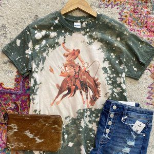 NWT Vintage Wash Retro Cowboy Hunter Green Graphic Western Tee Shirt